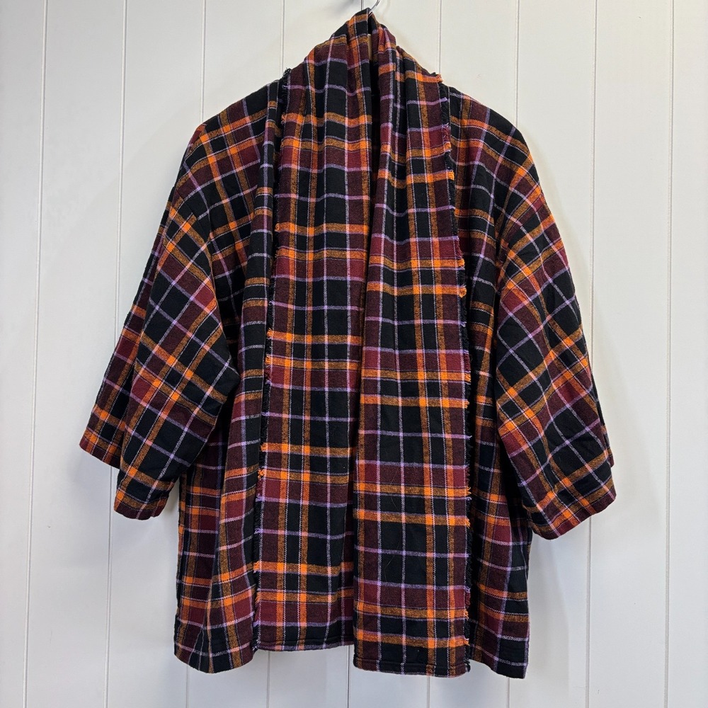 Handmade Boho Flannel Plaid Raw Hem Oversized Cardigan Size OS Comfy Hipster